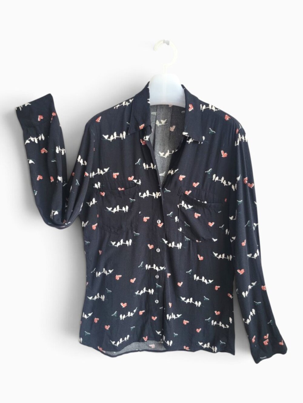 Code Dreamers Bird Print Blouse Black Rayon Button Front Cottagecore Indie S